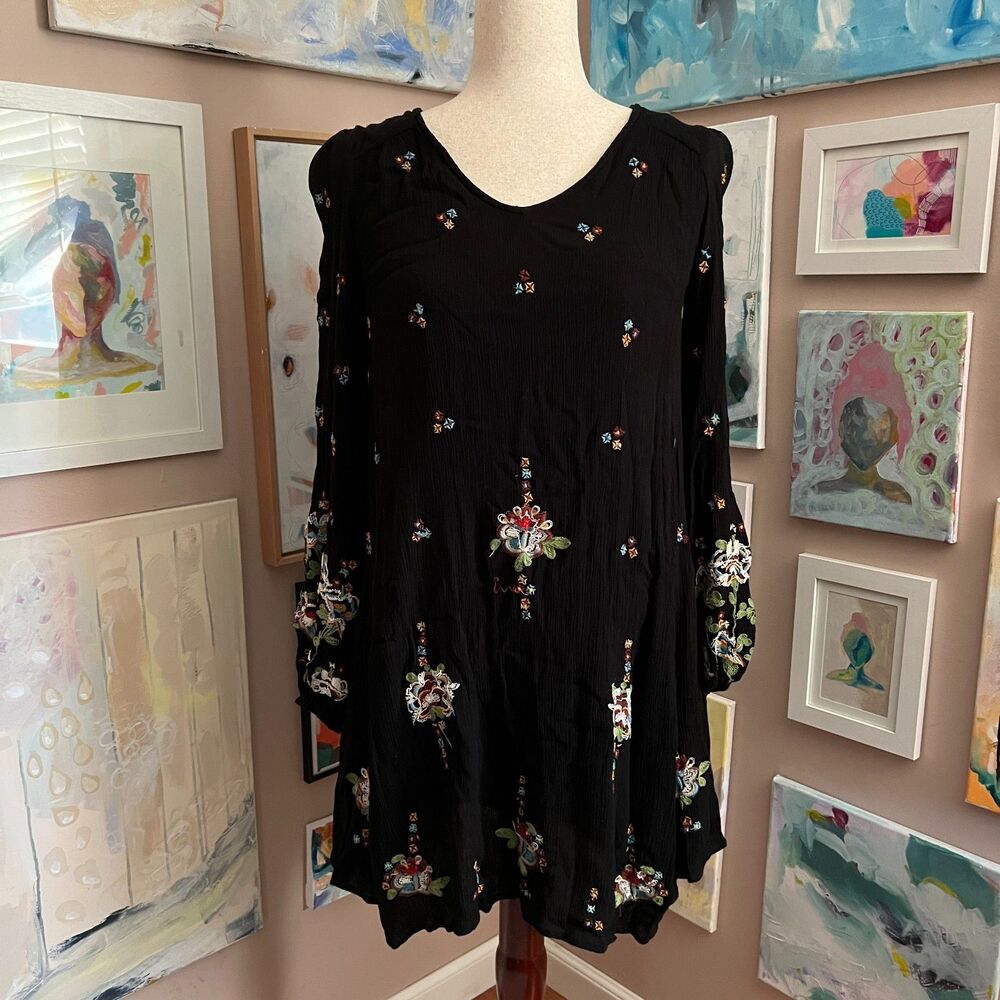 Free People Oxford Black XS Embroidered Long‎ Sleeve Mini Dress Boho Festival